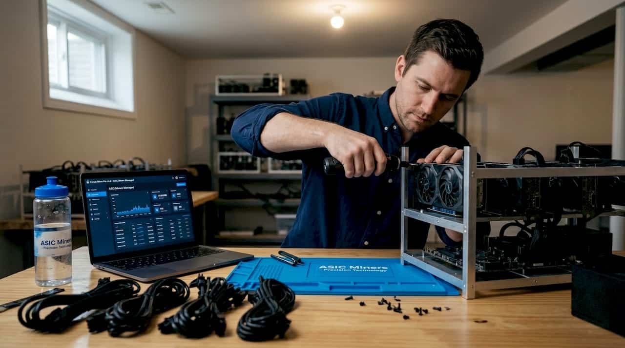 Man assembling home crypto mining rig