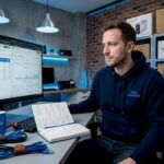 Home office with man reviewing mining software